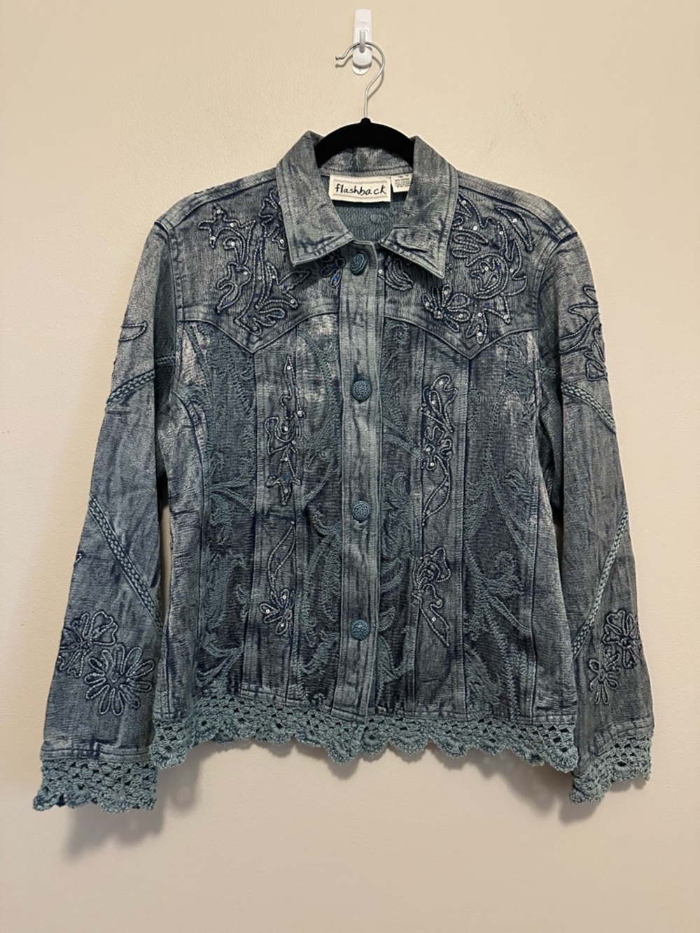 Boho Embroidered Denim Jacket Crochet Hem Western Y2K Festival Medium NWT Indie